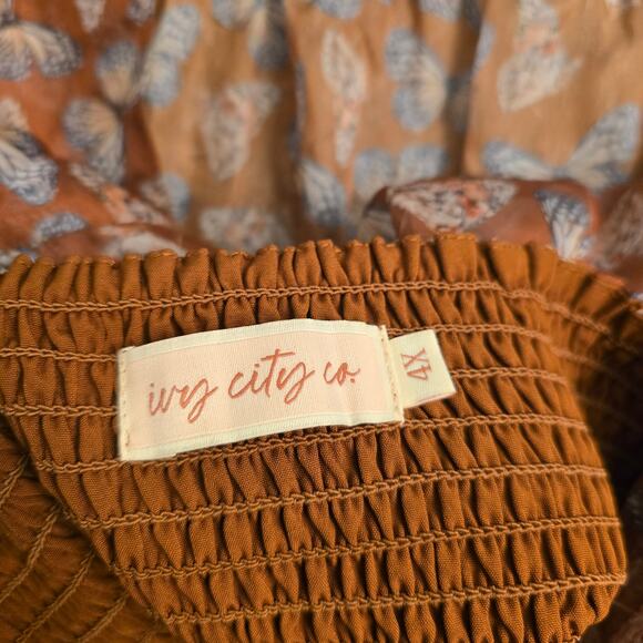 Ivy City Co Plus Sz 4X Butterfly Smocked Sundress Puff Sleeve Brown Cottagecore - Picture 6 of 11